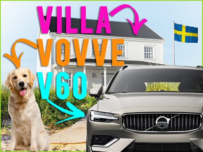 Hình ảnh tượng trưng cho giấc mơ “Villa – Volvo – Vovve”: ngôi nhà nhỏ, chiếc xe an toàn và chú chó trung thành – mô hình lý tưởng của đời sống Thụy Điển hiện đại.