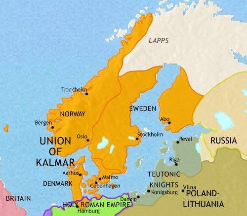 Bản đồ Liên minh Bắc Âu thời trung cổ cho thấy vai trò trung tâm của Đan Mạch và sự dịch chuyển quyền lực từ Na Uy sang Copenhagen.
