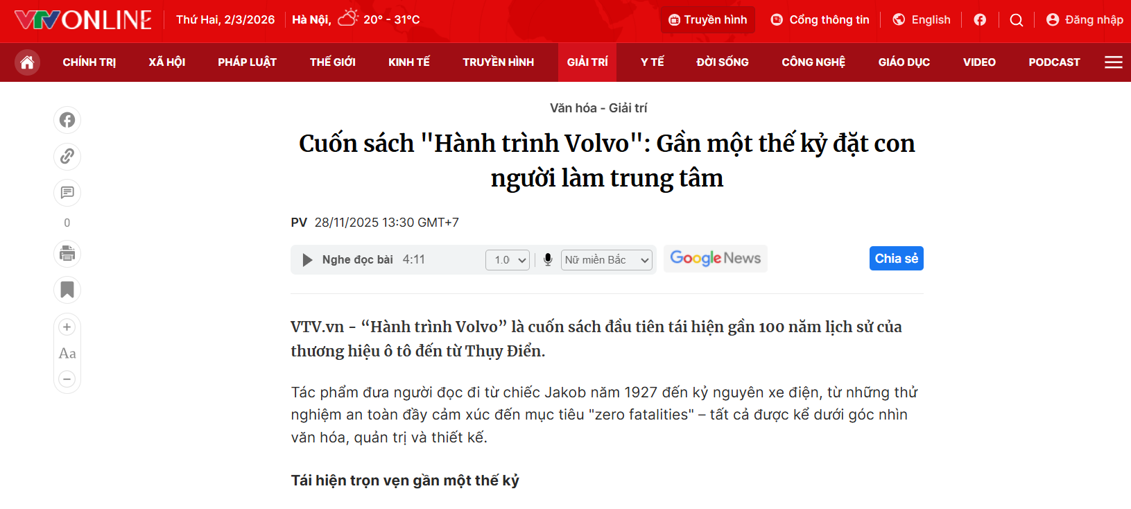 “Hành Trình Volvo” xuất hiện trên VTV – dấu mốc truyền thông khẳng định giá trị tri thức và triết lý đặt con người làm trung tâm của Volvo qua góc nhìn của tác giả Phạm Đông Anh.